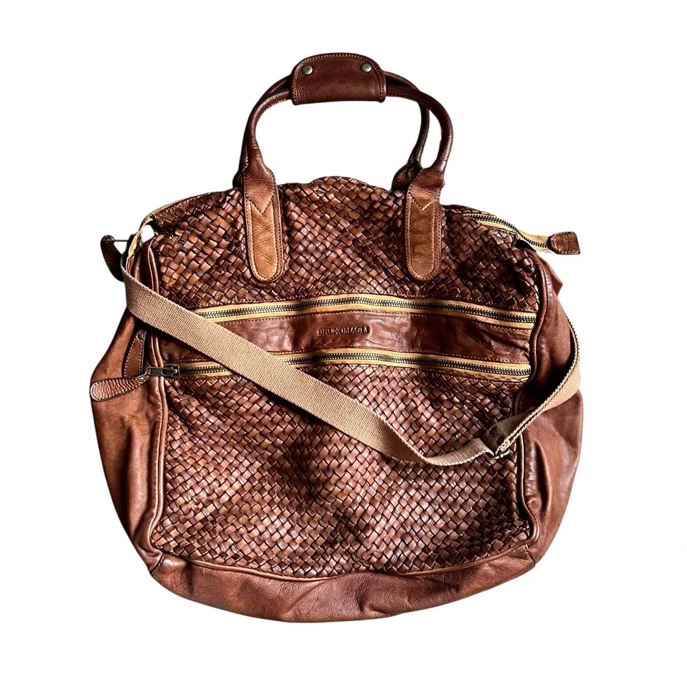 Bruno Magli Brown Woven Leather Duffle Satchel Travel Bag Made Italy Y2K